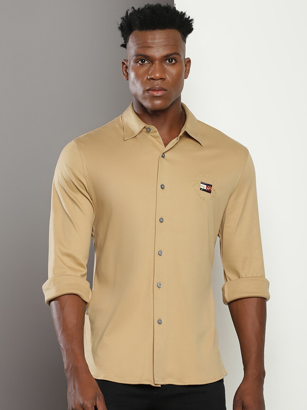 

Tommy Hilfiger Slim Fit Opaque Cotton Casual Shirt, Khaki