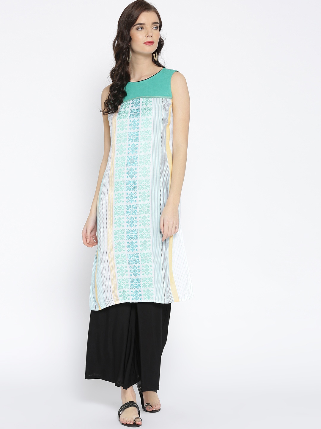 

AURELIA Women Green & White Woven Design Straight Kurta