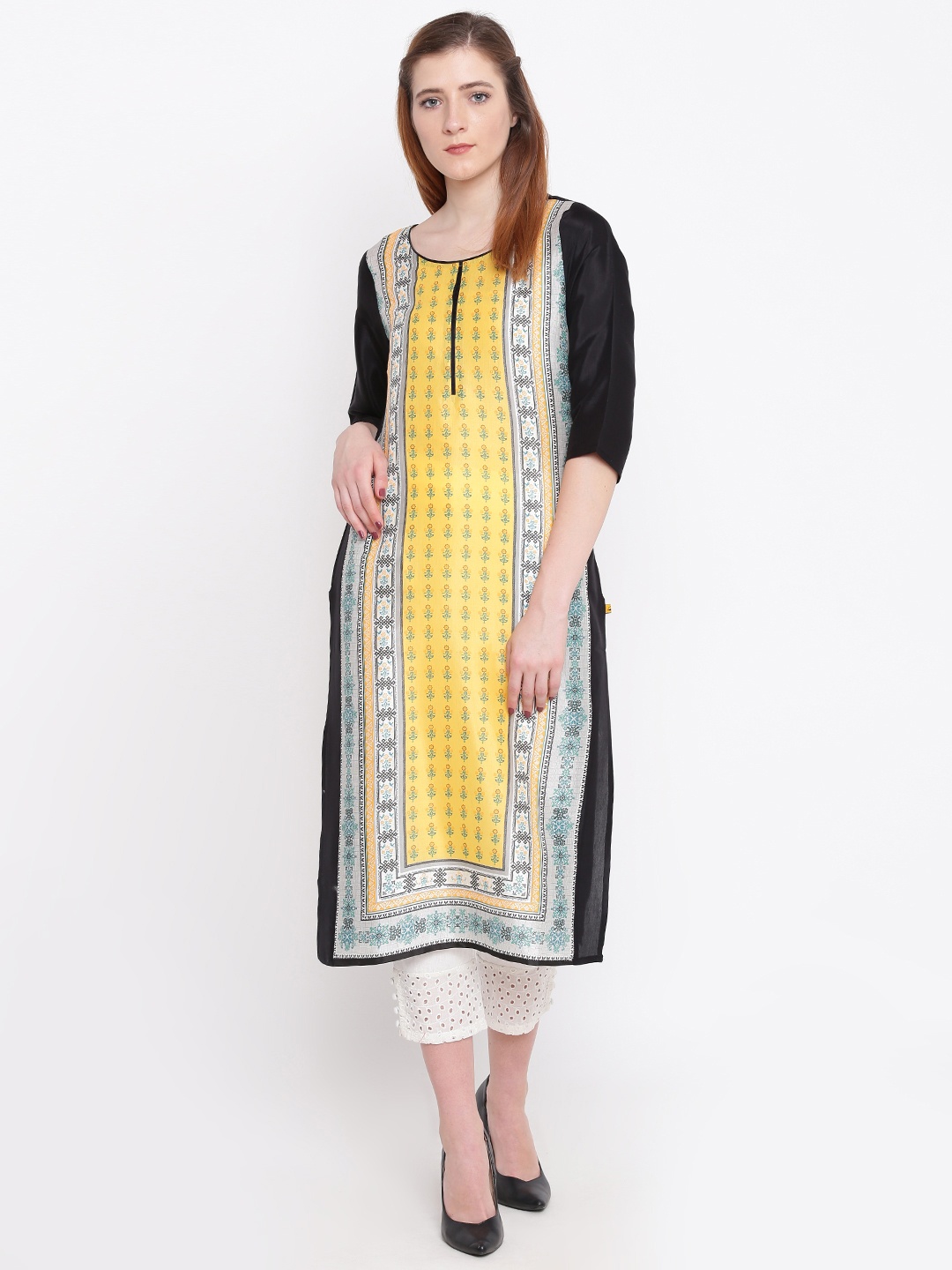 

AURELIA Women Yellow & Black Printed Straight Kurta