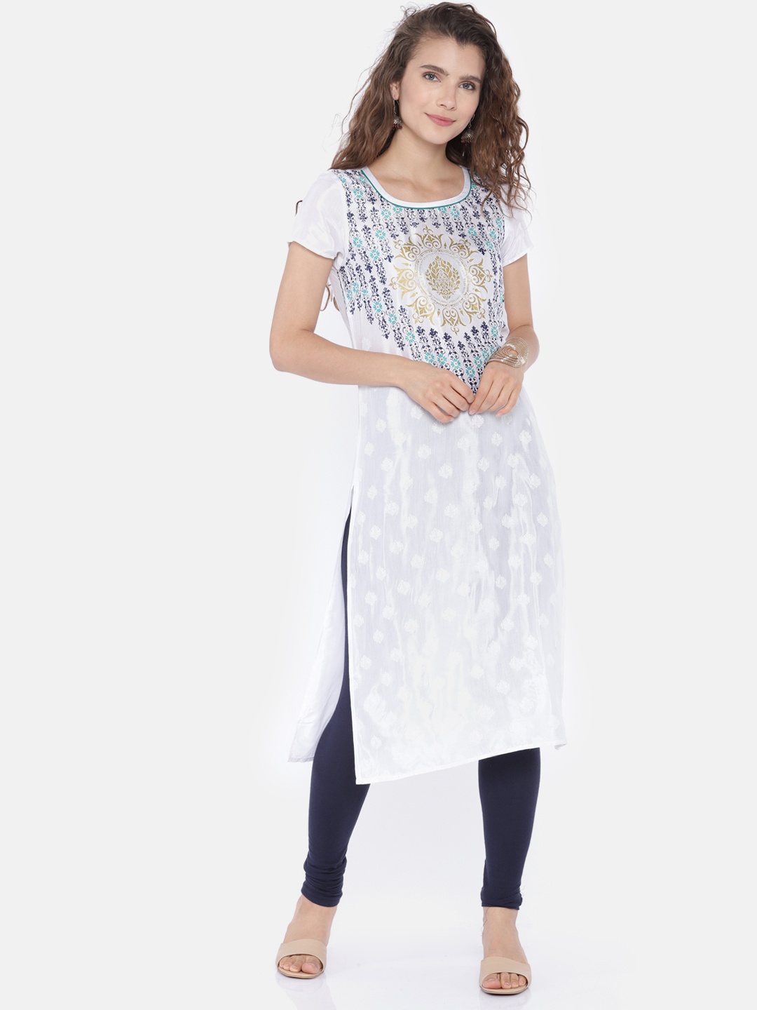 

AURELIA Women White & Blue Woven Design Straight Kurta