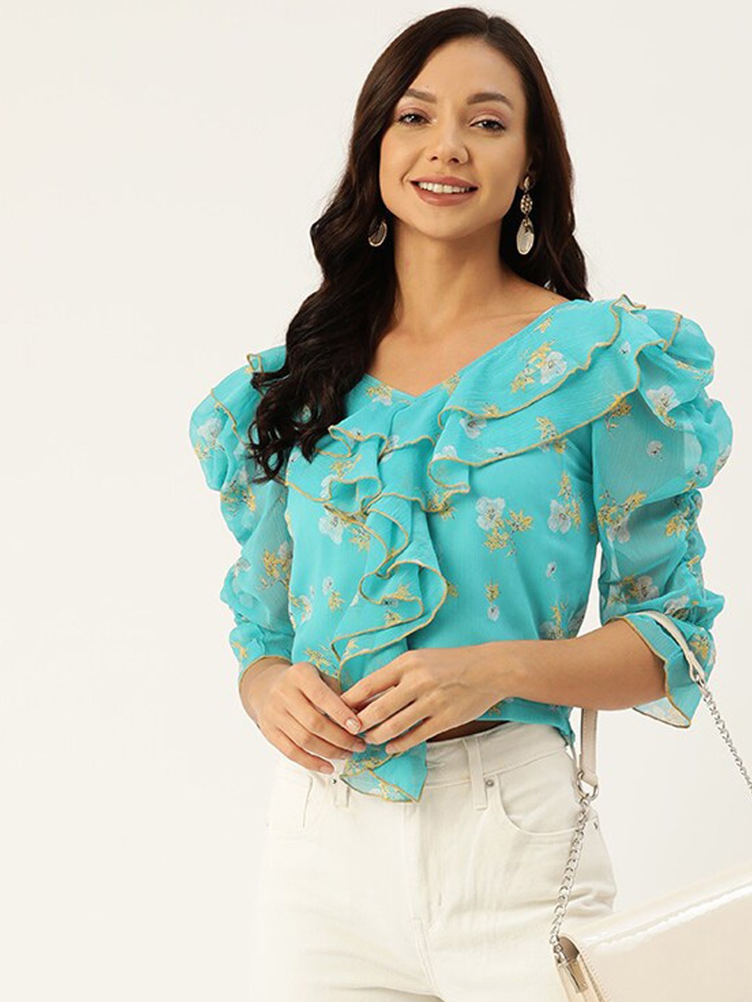 

DressBerry Blue Floral Printed Bell Sleeve Ruffles Chiffon Top
