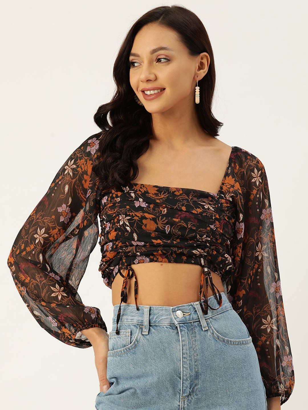 DressBerry Black Floral Printed Square Neck Ruched Georgette Crop Top