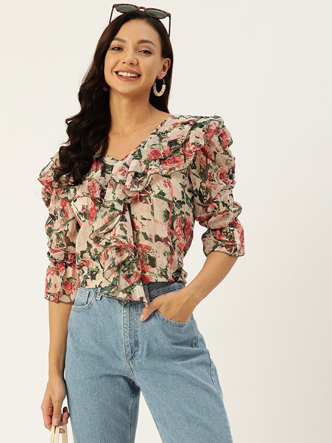 

DressBerry White Floral Printed Bell Sleeves Ruffles Chiffon Crop Top