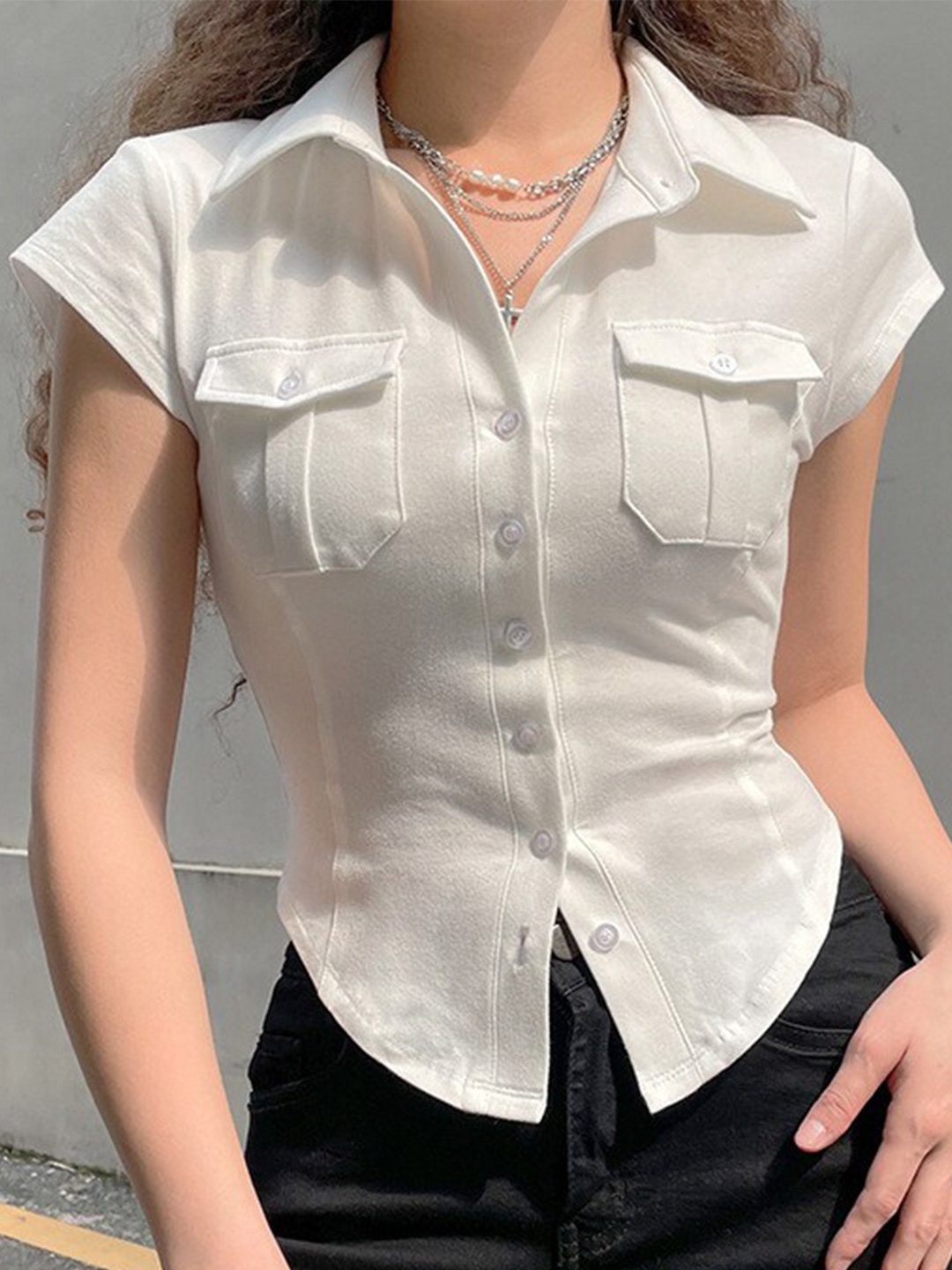 

BoStreet Cap Sleeves Cotton Shirt Style Top, White