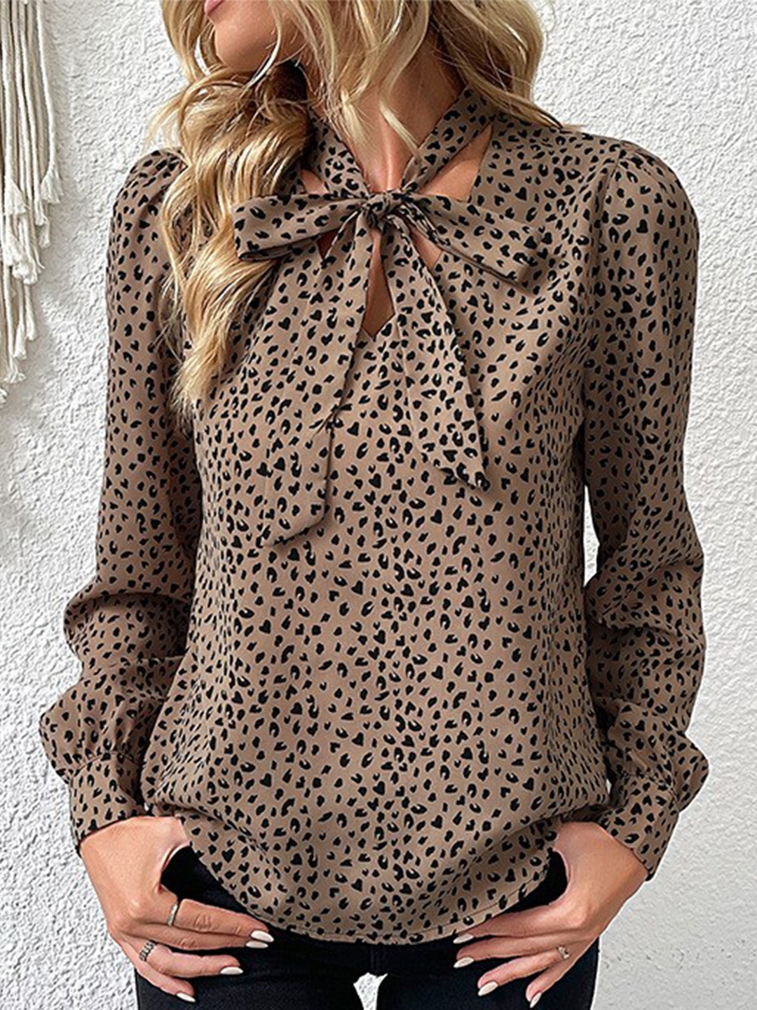 

StyleCast Brown Animal Print Tie-Up Neck Top