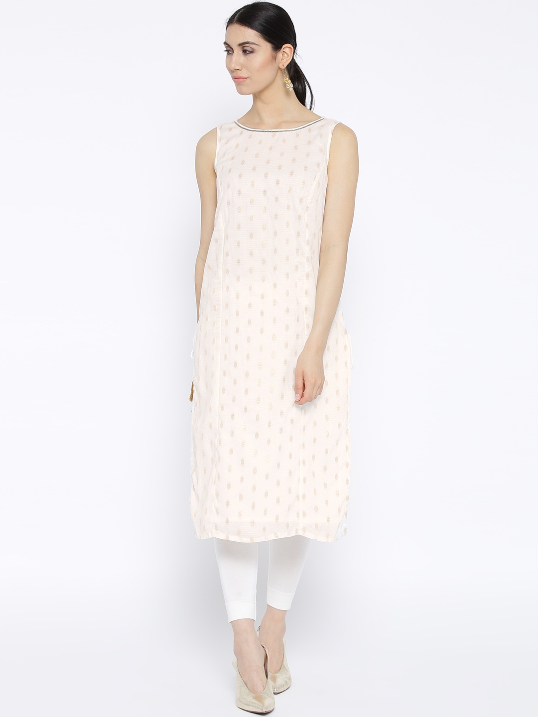 

AURELIA Women White & Golden Woven Design Straight Kurta