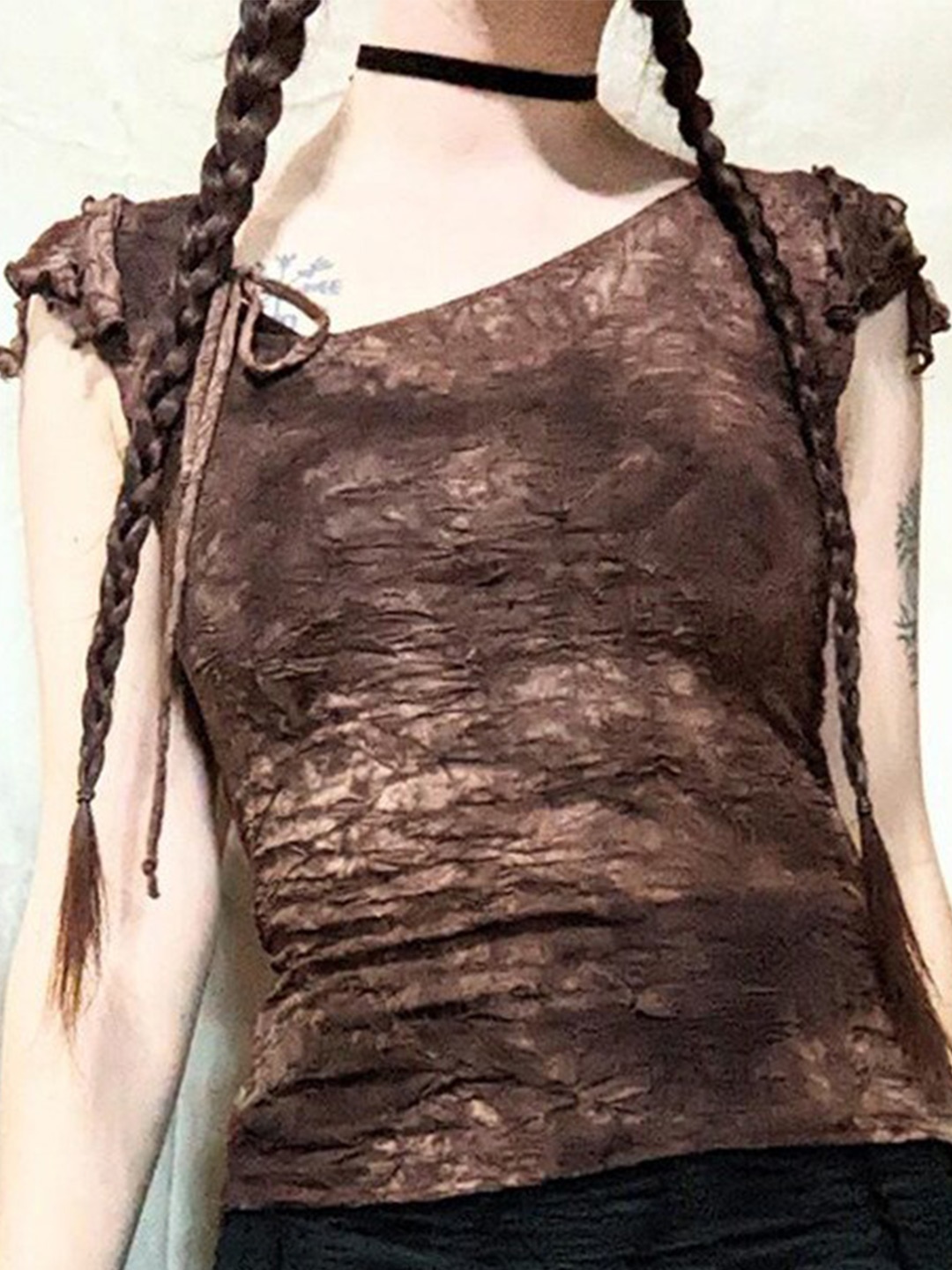 

BoStreet Brown Asymmetric Neck Gathered Seersucker Self Design Top