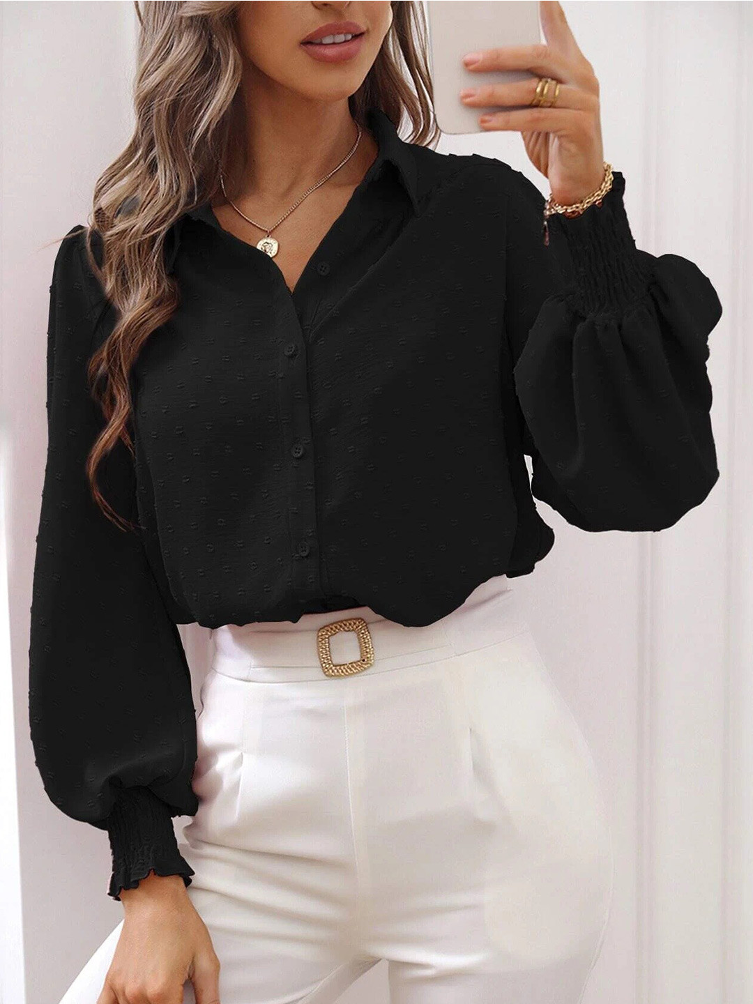 

BoStreet Black Self Design Puff Sleeve Shirt Style Top