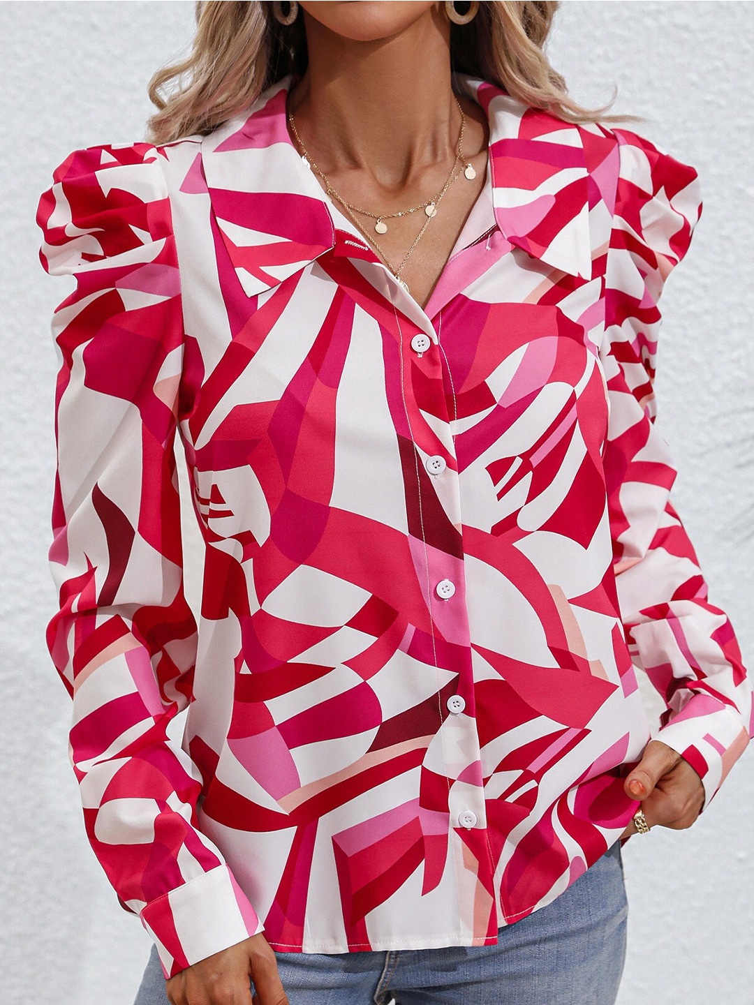 

BoStreet White & Pink Abstract Printed Shirt Style Top