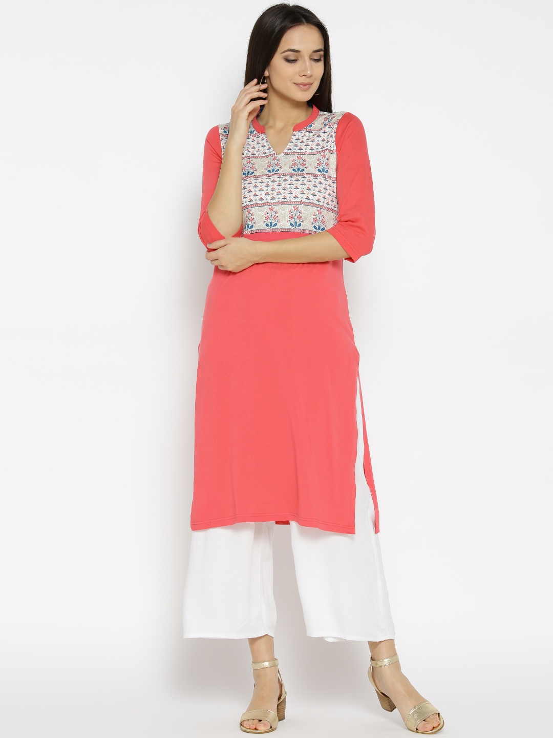 

AURELIA Women Coral Pink & White Printed Straight Kurta