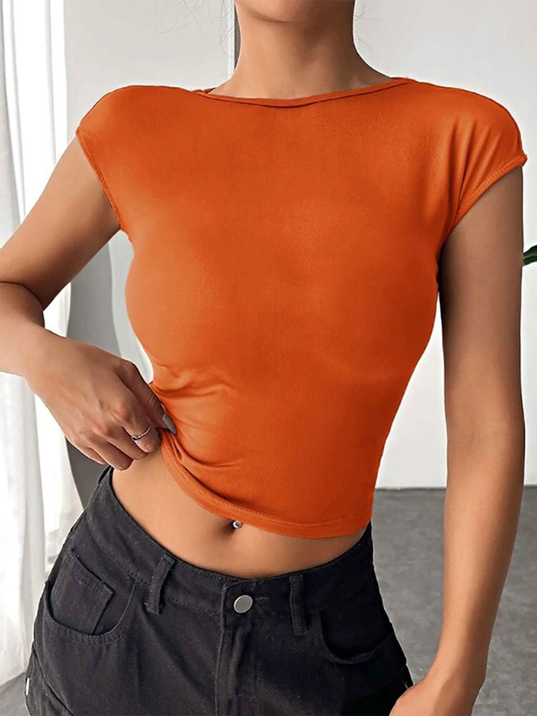 

BoStreet Orange Extended Sleeves Styled Back Crop Top