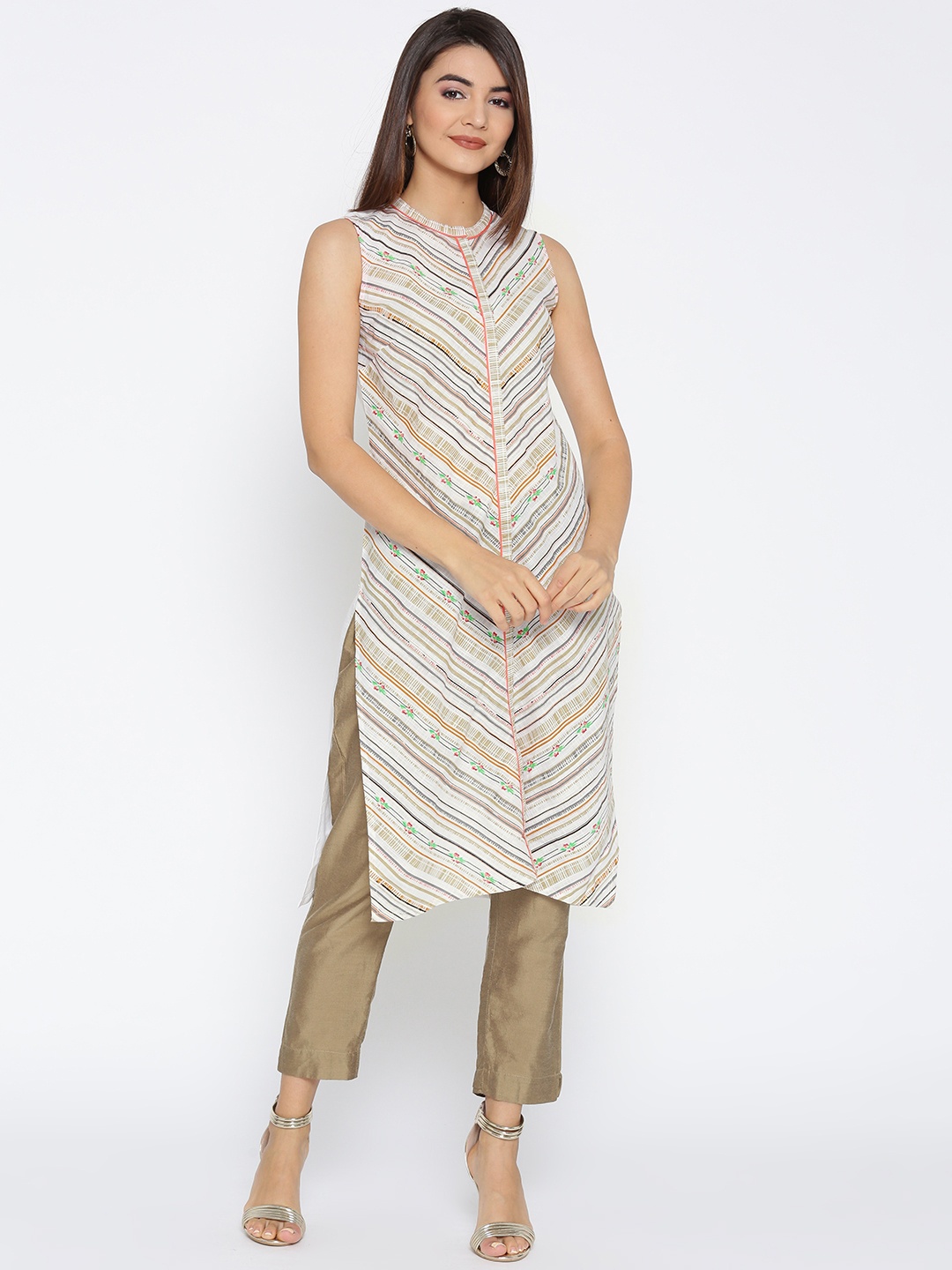 

AURELIA Women White & Olive Green Striped Straight Kurta