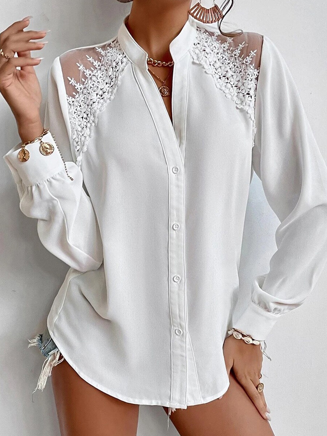 

BoStreet White Self Design Mandarin Collar Shirt Style Top