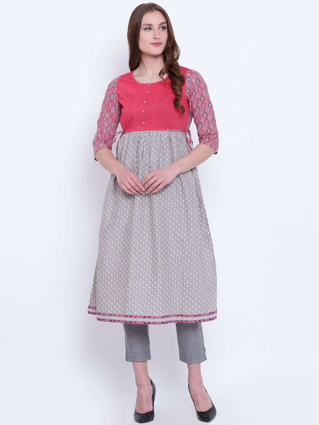 

AURELIA Women Grey & Pink Printed Empire-Line Kurta
