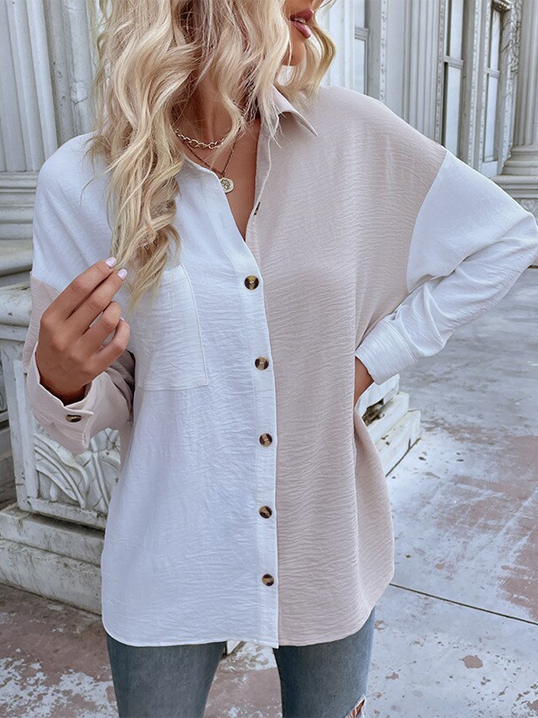 

BoStreet White & Beige Colourblocked Shirt Style Top