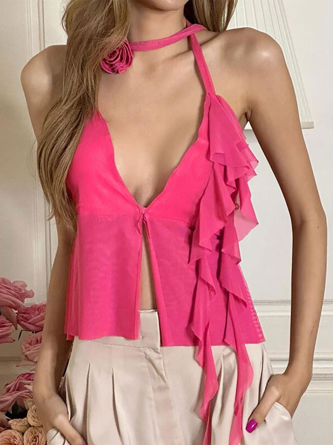 

BoStreet Pink Ruffles Styled Back Top