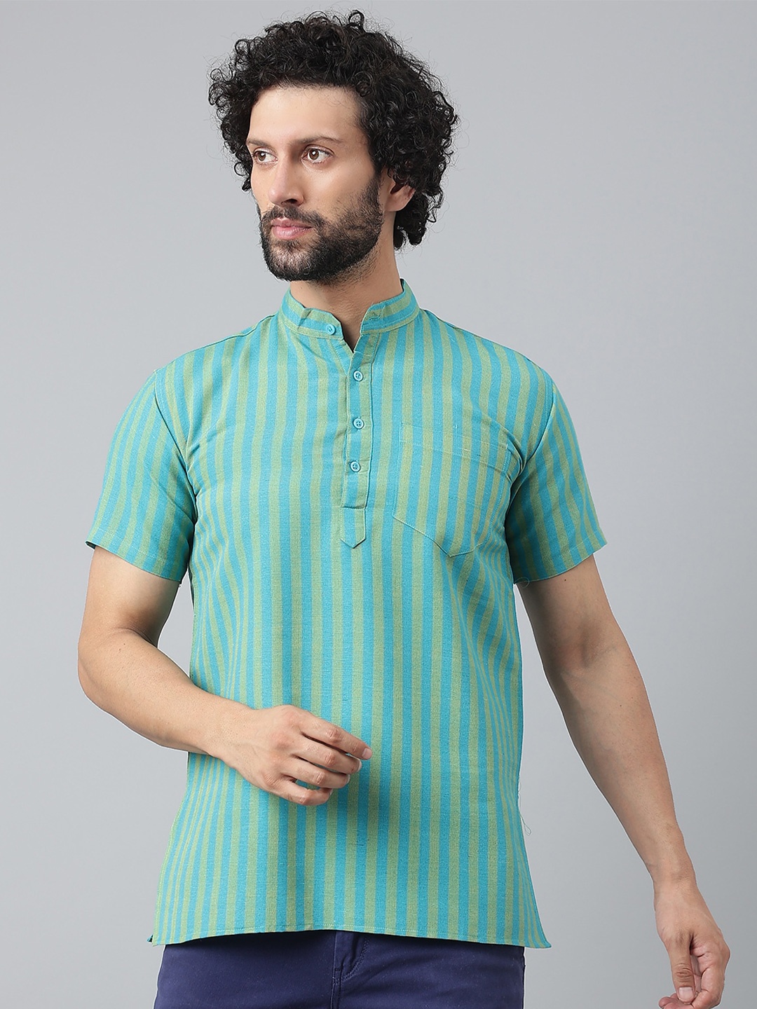 

RIAG Vertical Striped Mandarin Collar Cotton Casual Shirt, Blue