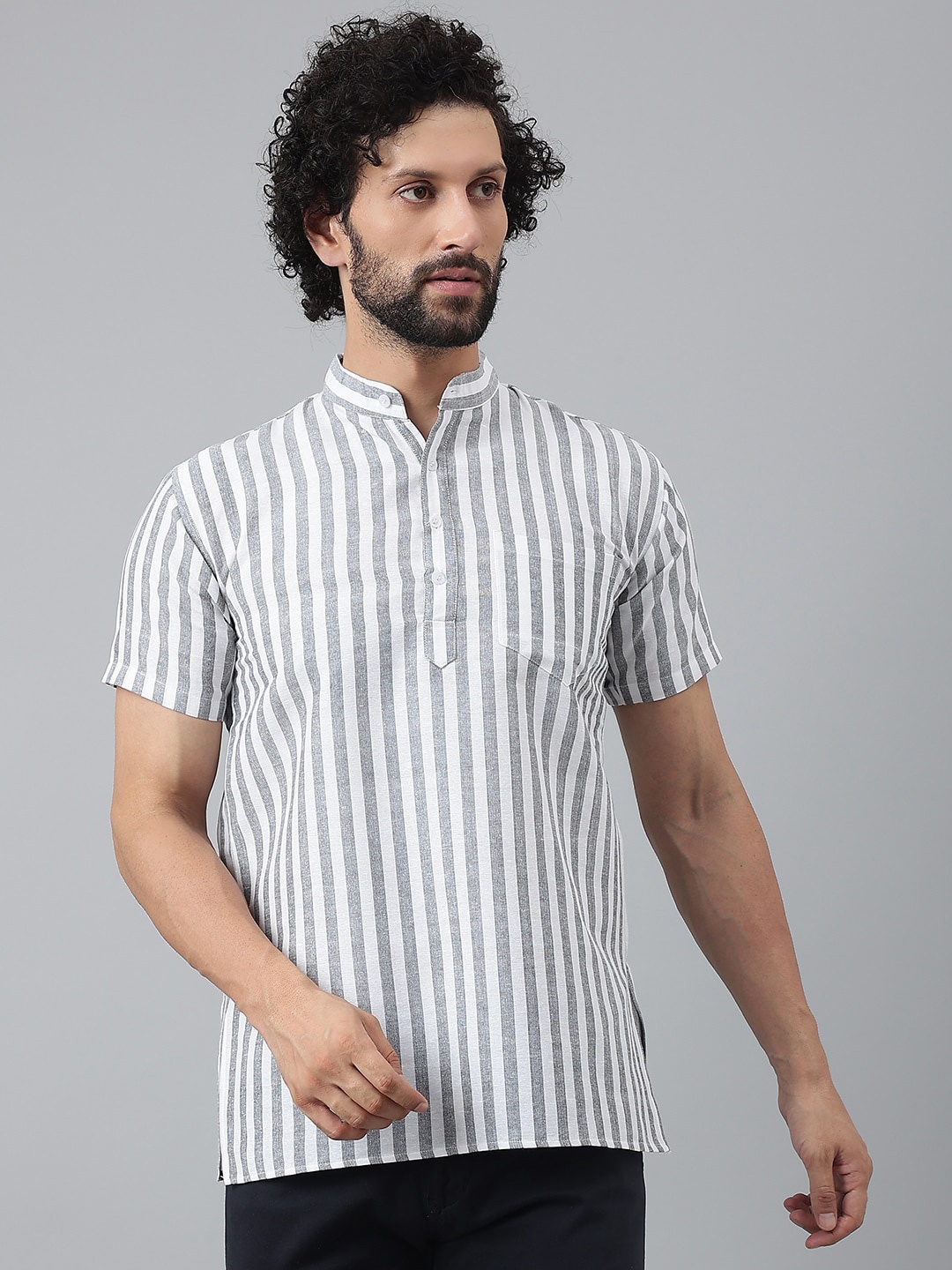 

RIAG Striped Cotton Mandarin Collar Opaque Casual Shirt, Grey