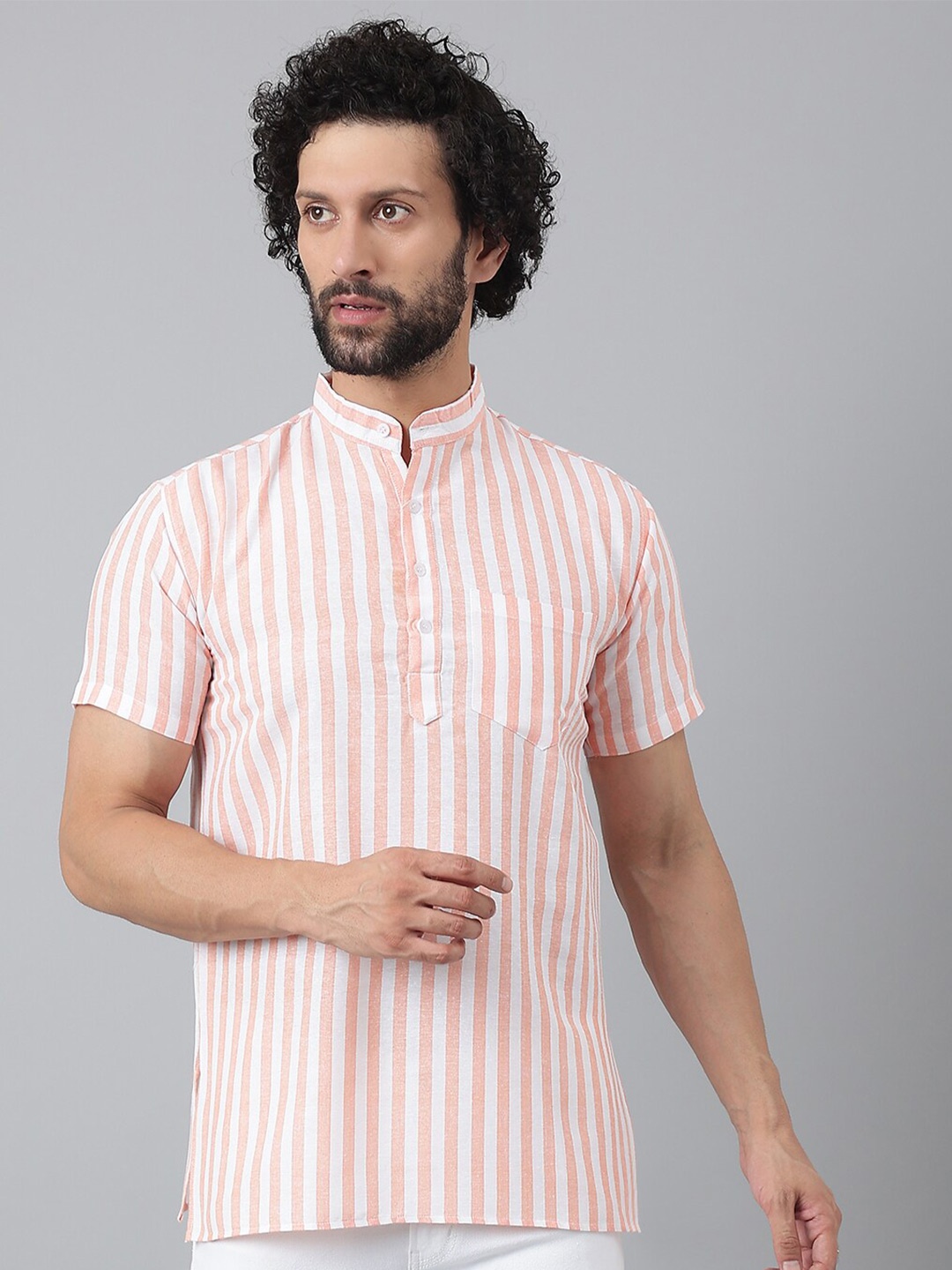 

RIAG Striped Mandarin Collar Cotton Straight Kurta, Orange