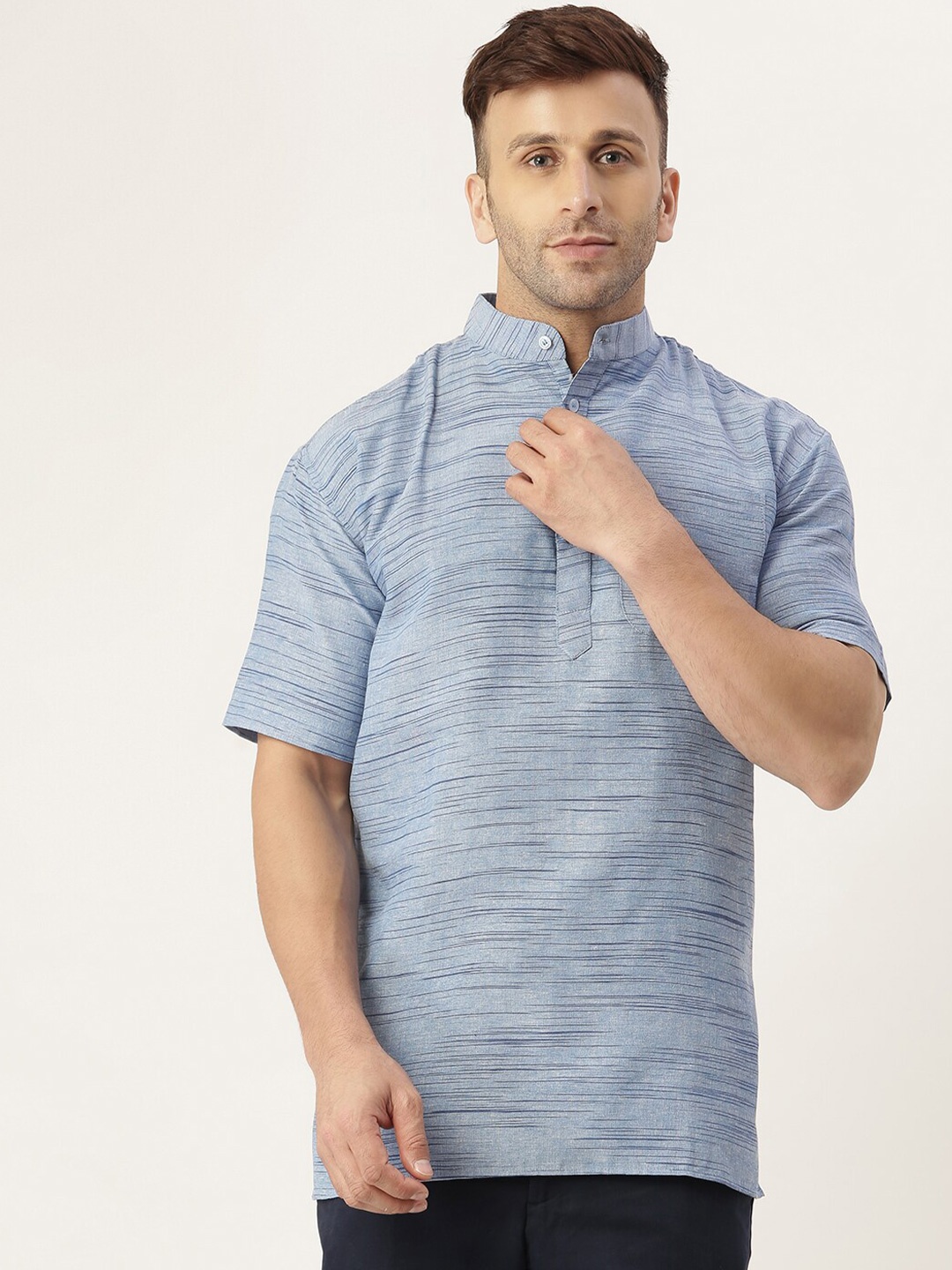 

RIAG Horizontal Striped Cotton Mandarin Collar Opaque Casual Shirt, Blue