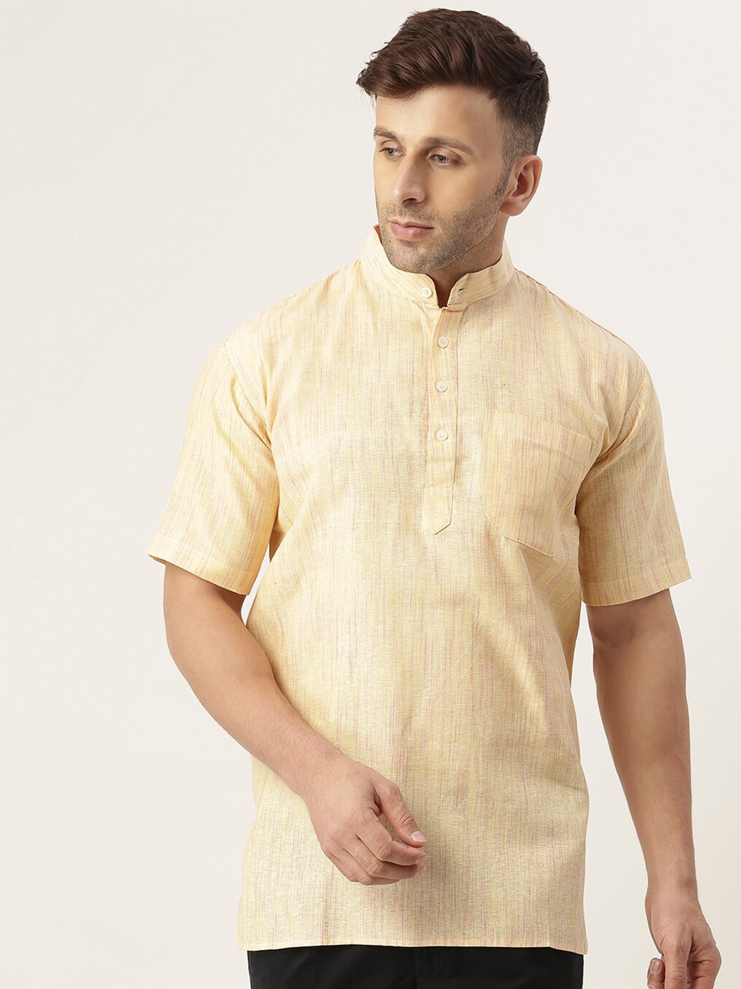 

RIAG Striped Mandarin Collar Cotton Straight Kurta, Beige