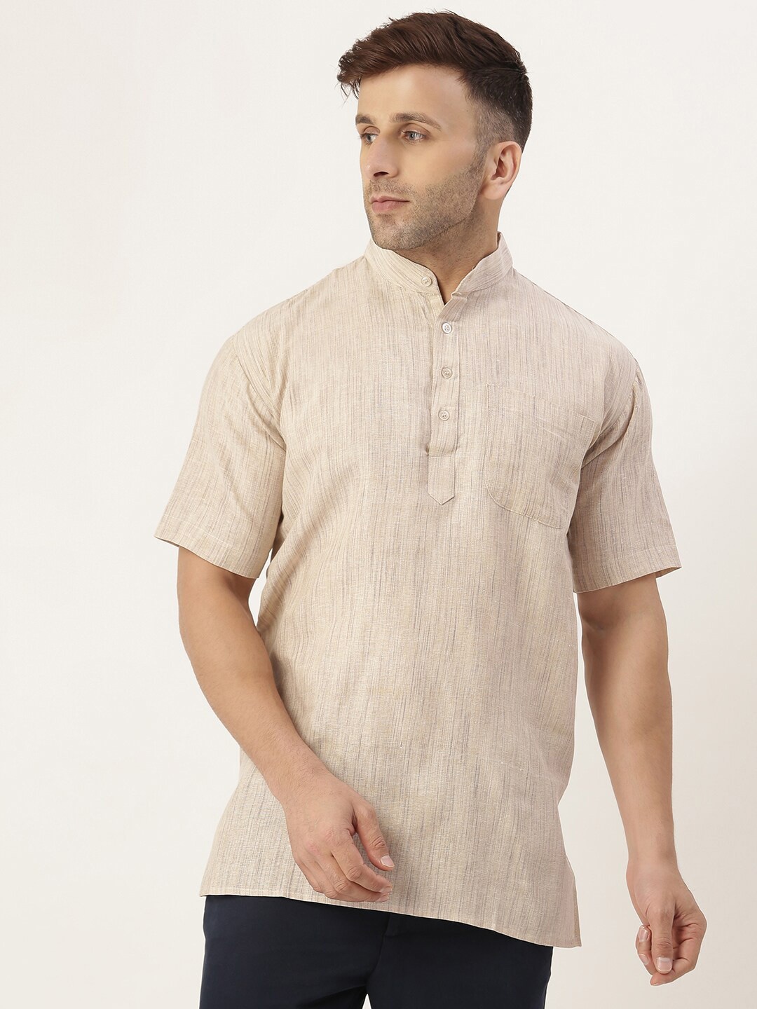 

RIAG Mandarin Collar Cotton Short Kurta, Beige
