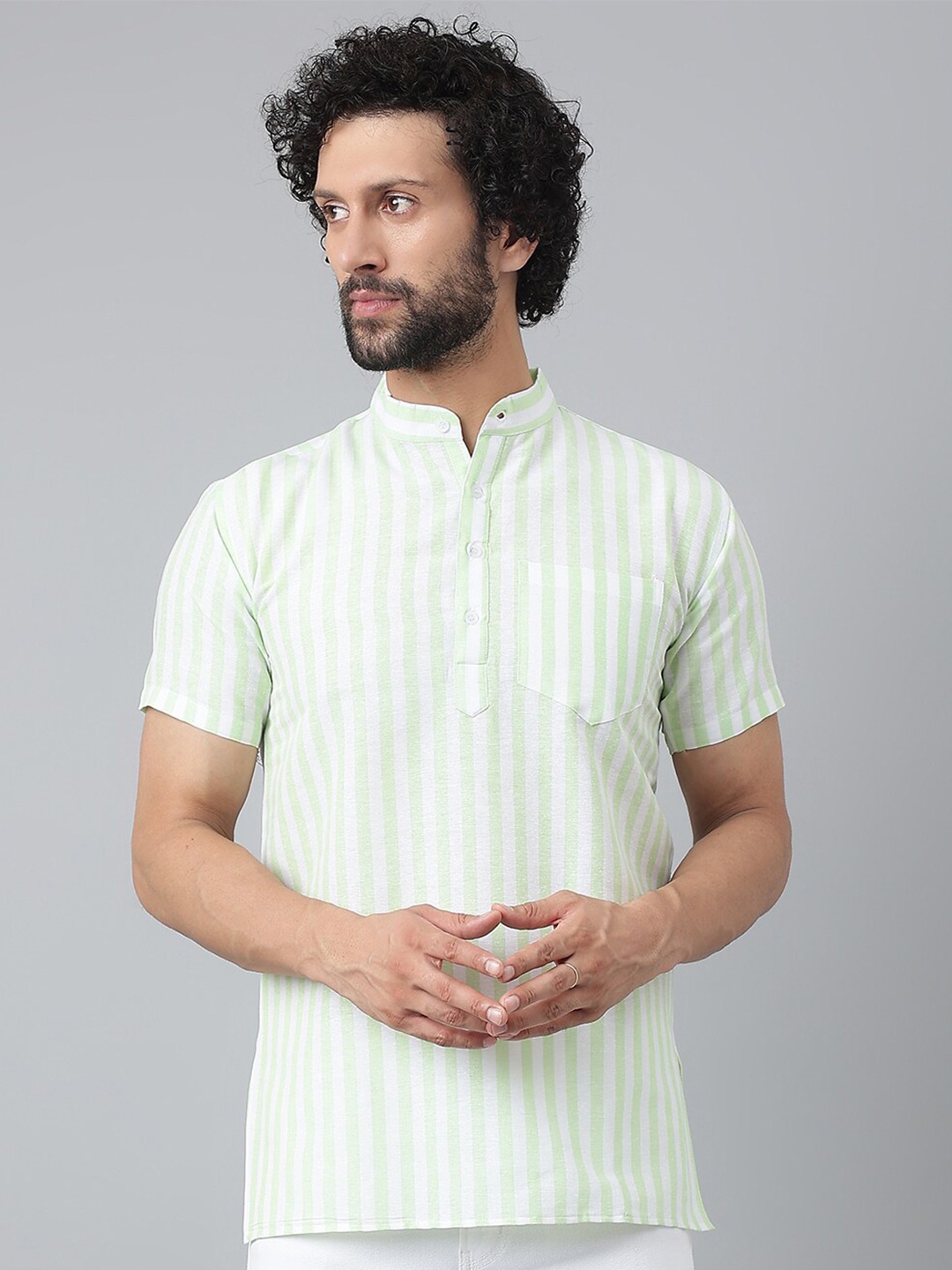 

RIAG Striped Mandarin Collar Opaque Cotton Casual Shirt, Green