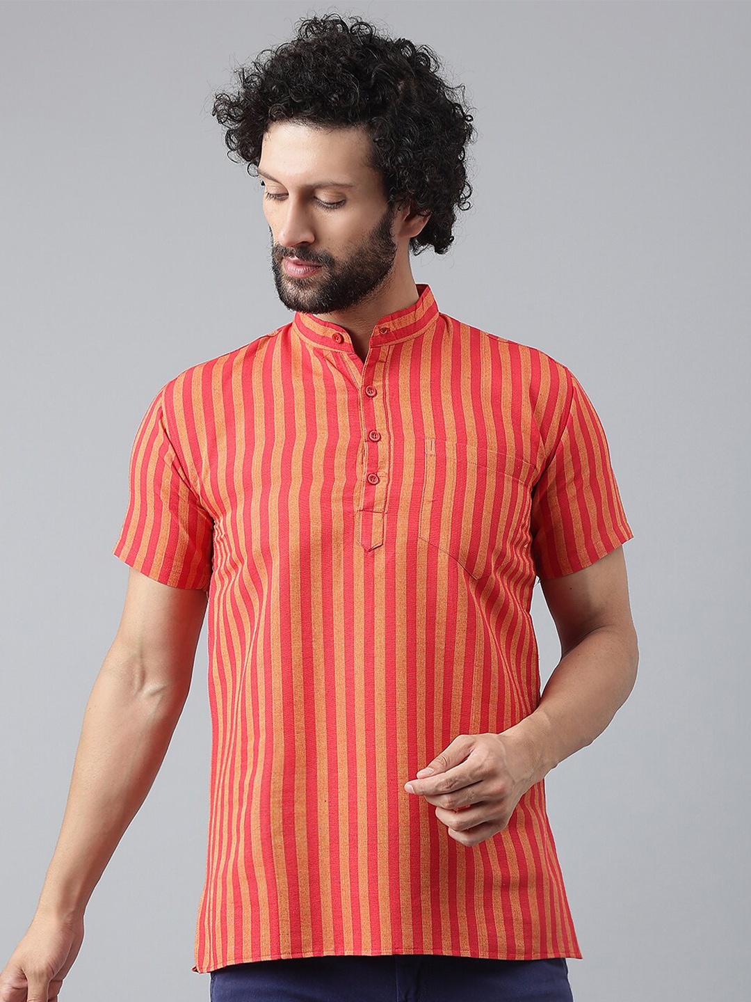 

RIAG Striped Cotton Mandarin Collar Opaque Casual Shirt, Red