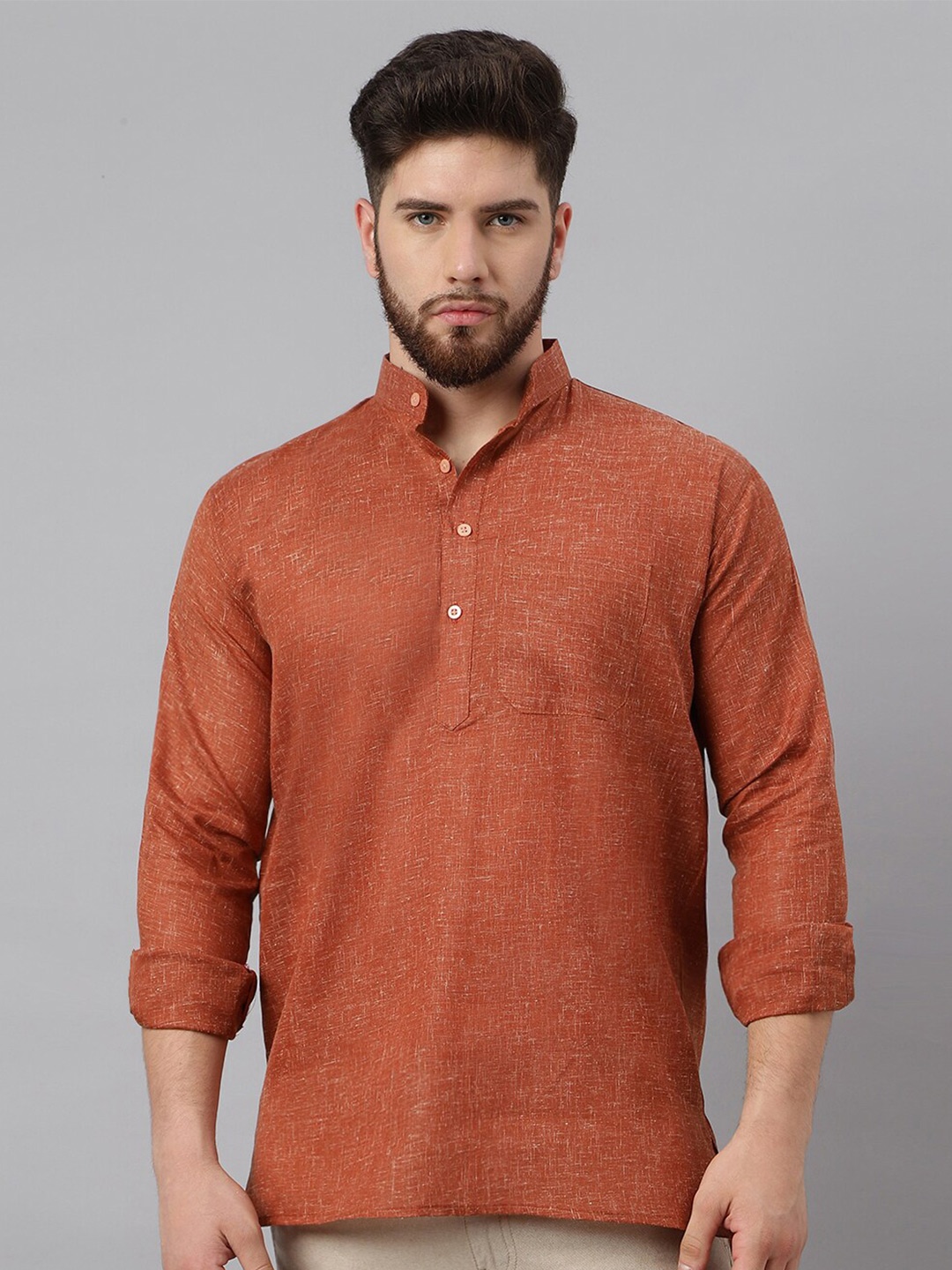 

RIAG Mandarin Collar Cotton Kurta, Brown