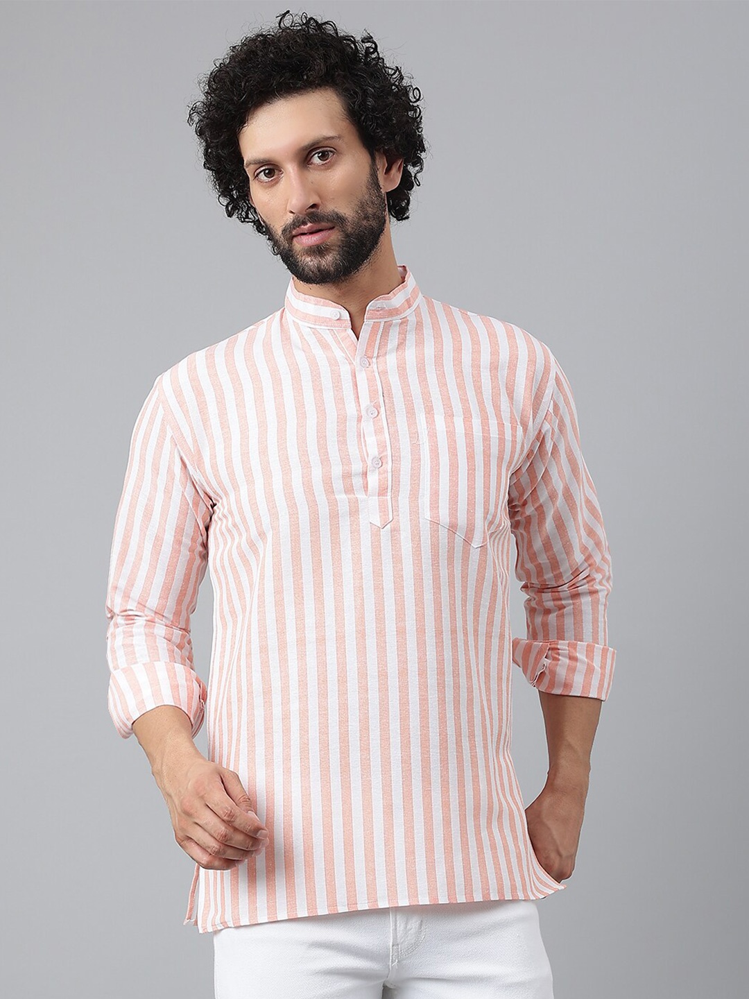 

RIAG Striped Mandarin Collar Cotton Kurta, Orange