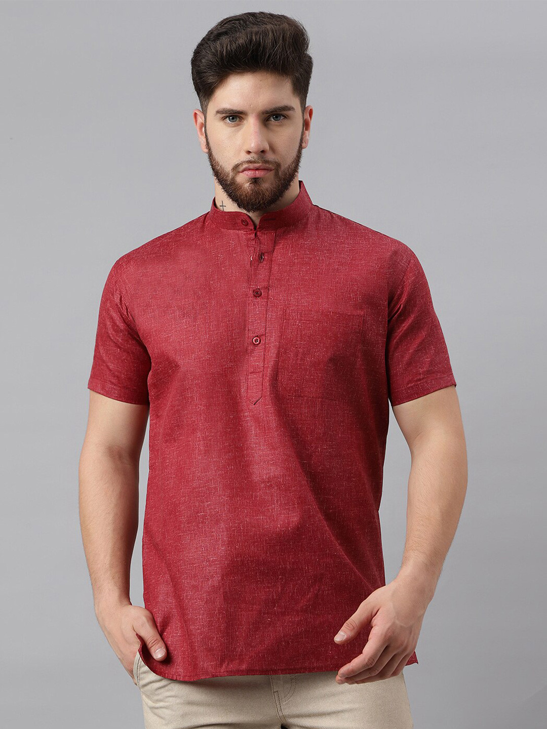 

RIAG Mandarin Collar Cotton Casual Shirt, Red