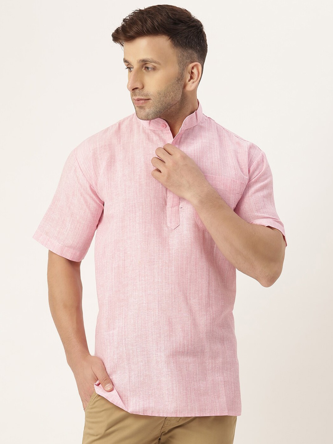 

RIAG Cotton Mandarin Collar Opaque Casual Shirt, Pink