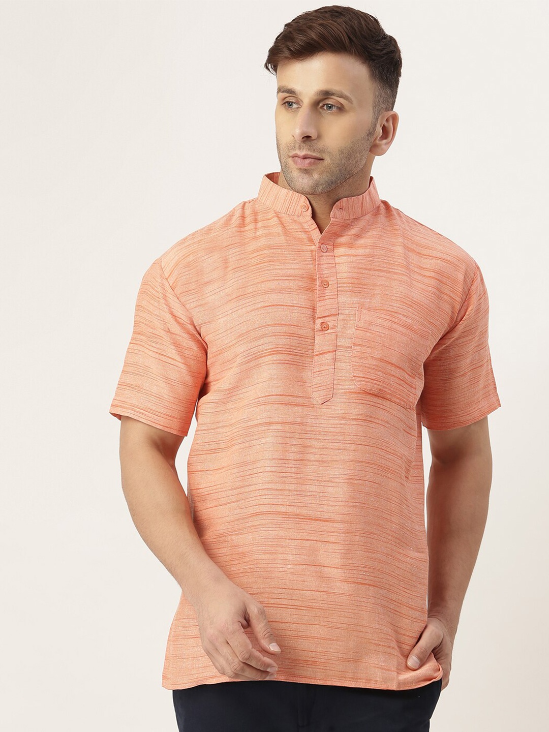 

RIAG Mandarin Collar Cotton Kurta, Orange