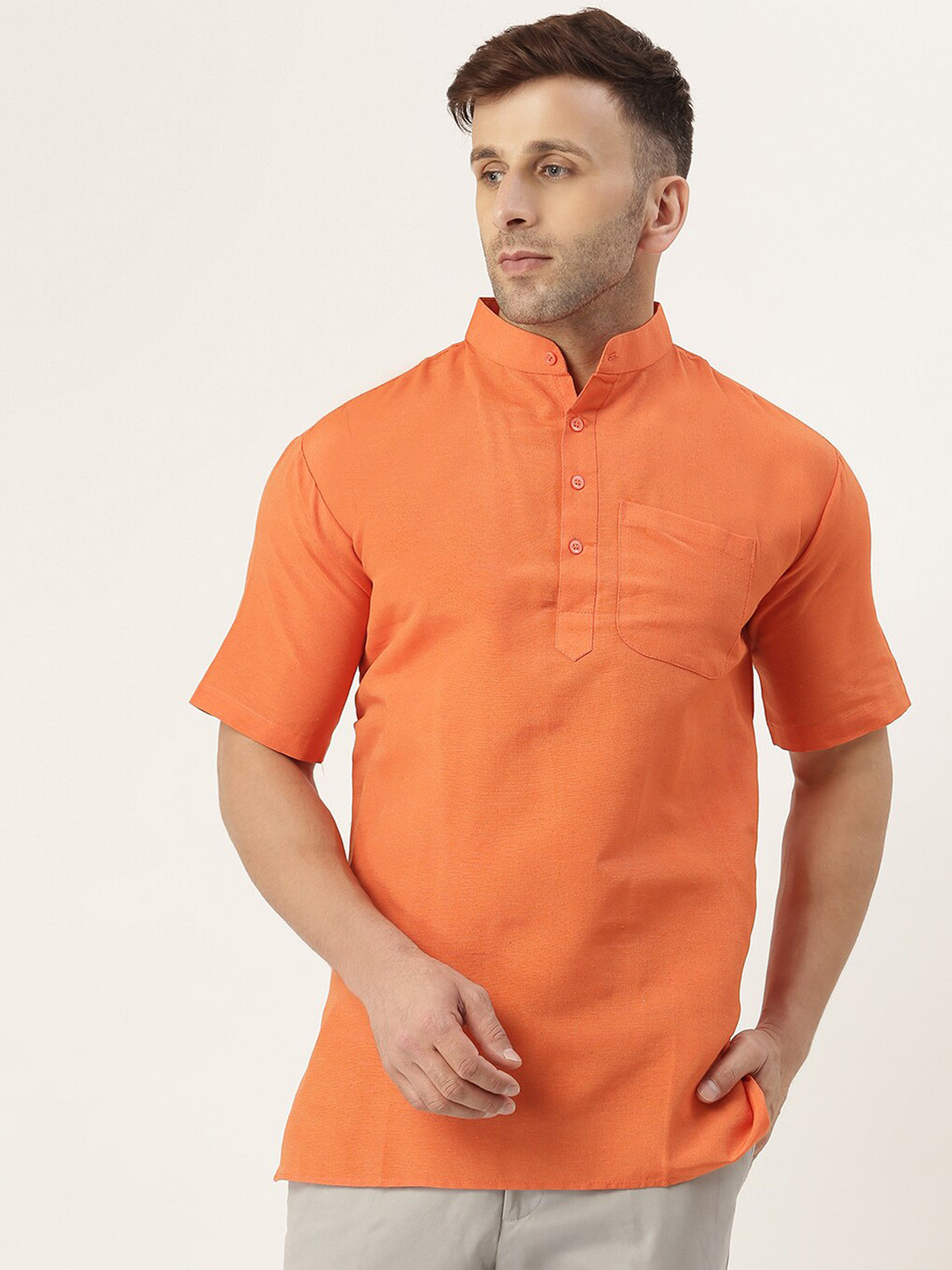

RIAG Mandarin Collar Cotton Short Kurta, Orange