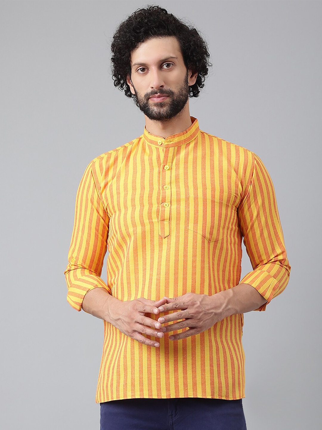 

RIAG Striped Mandarin Collar Cotton Short Kurta, Yellow