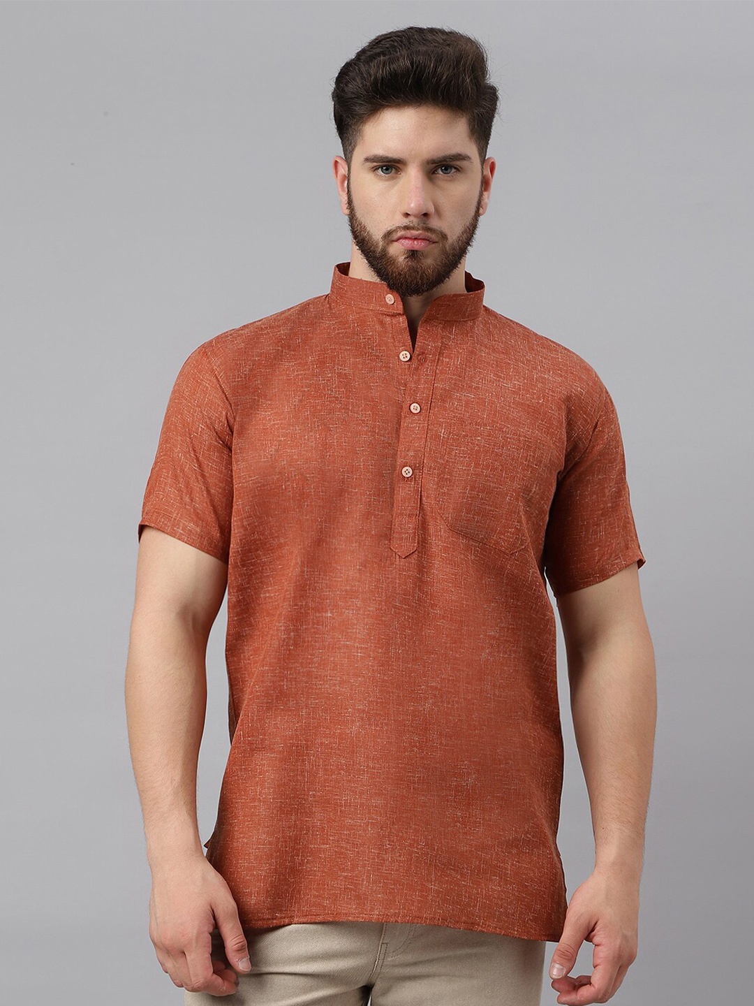 

RIAG Mandarin Collar Cotton Short Kurta, Brown