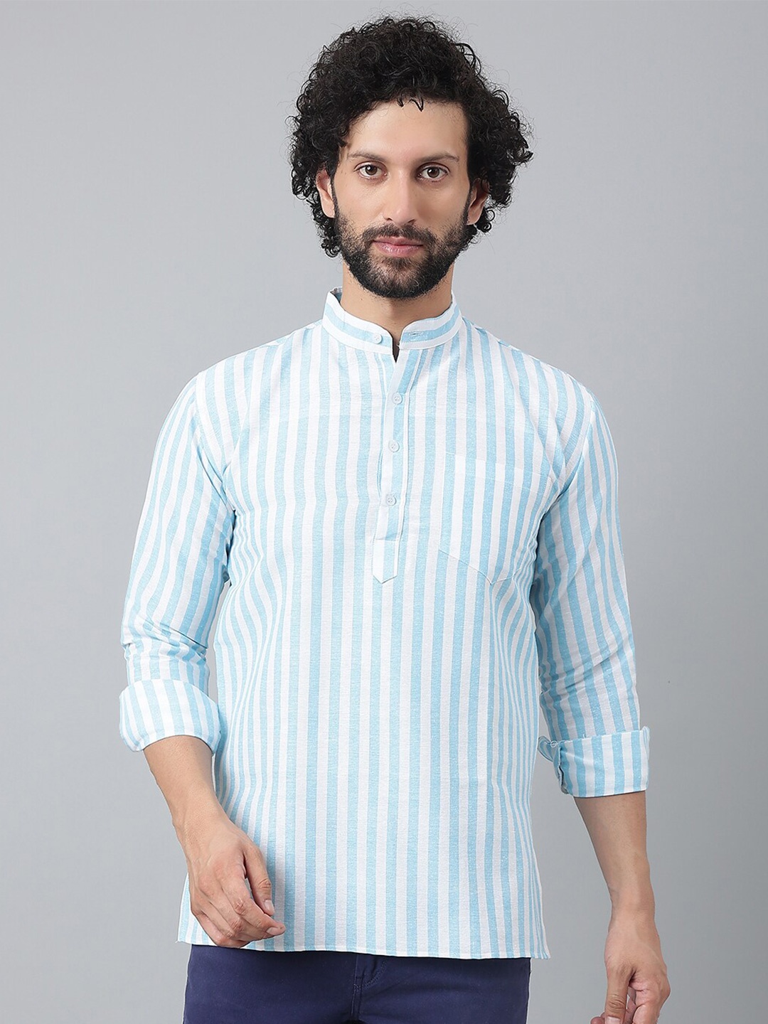 

RIAG Striped Mandarin Collar Cotton Kurta, Blue