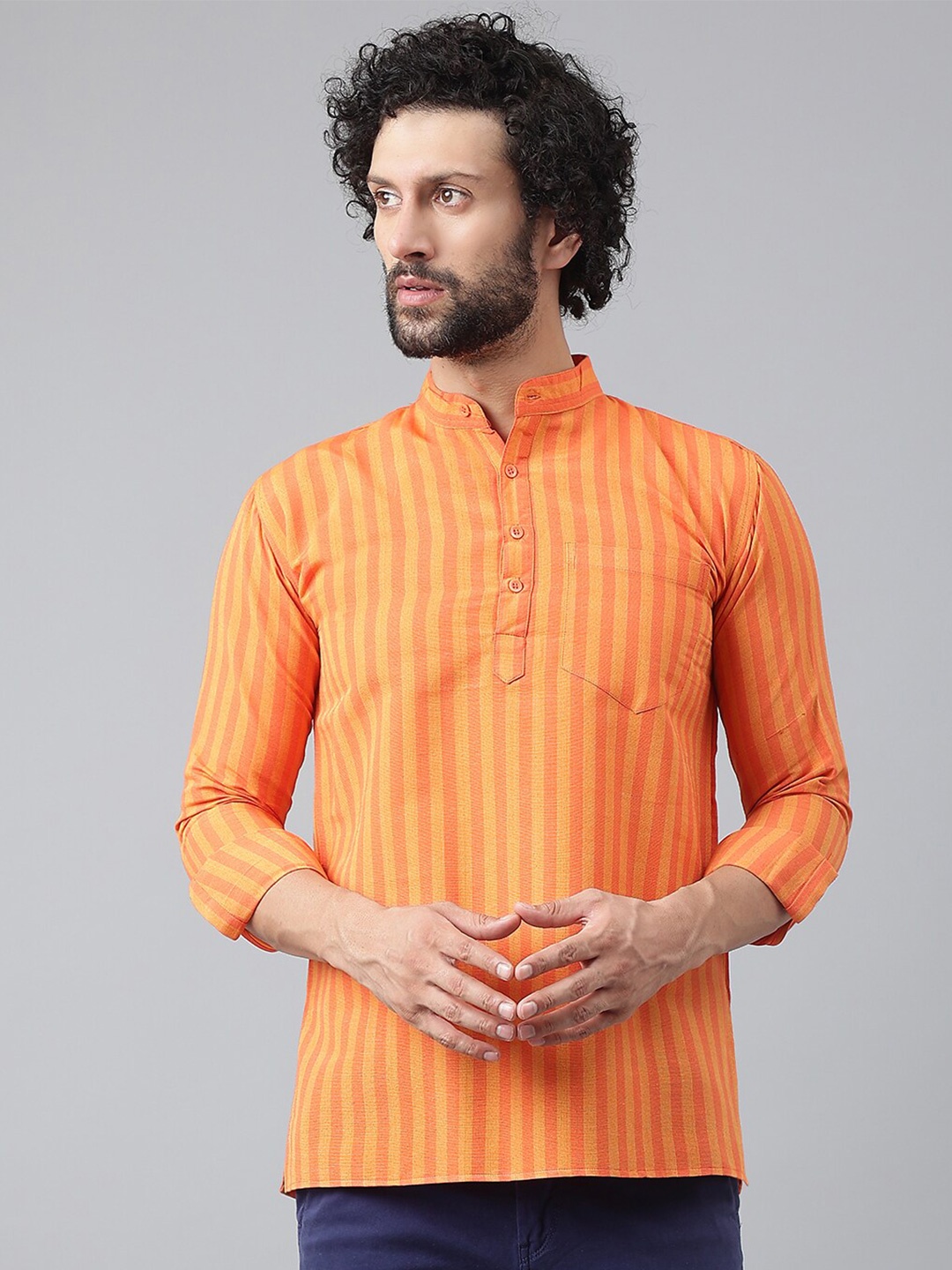 

RIAG Vertical Striped Mandarin Collar Cotton Casual Shirt, Orange