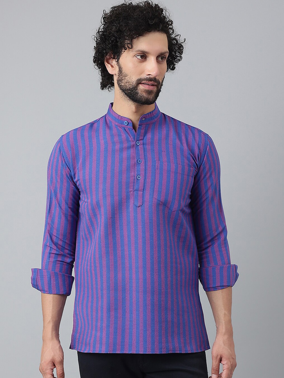 

RIAG Mandarin Collar Striped Cotton Casual Kurtas, Navy blue