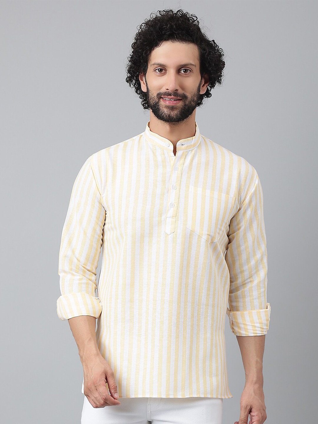 

RIAG Striped Mandarin Collar Cotton Straight Kurta, Beige