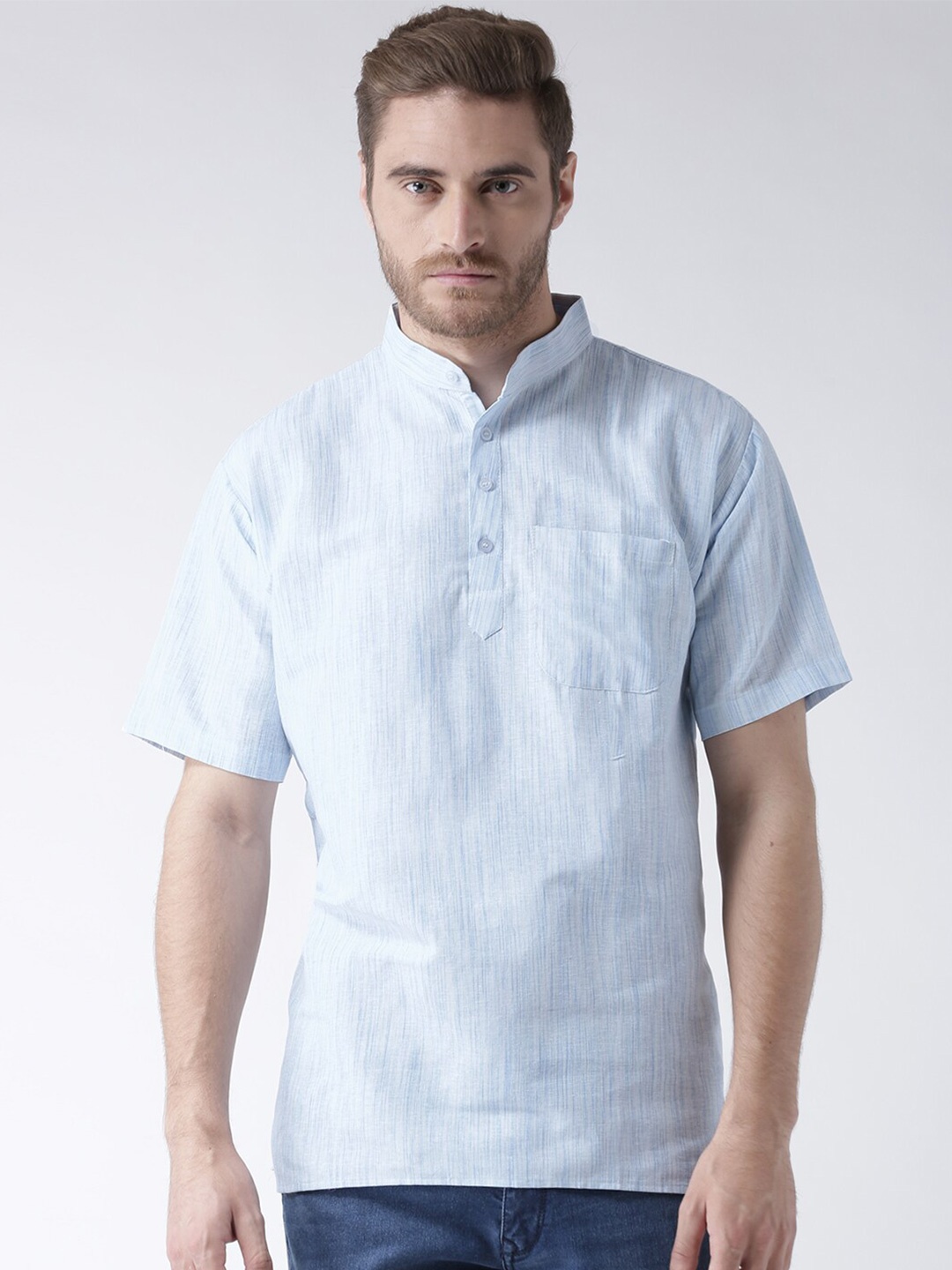 

RIAG Mandarin Collar Opaque Cotton Casual Shirt, Blue
