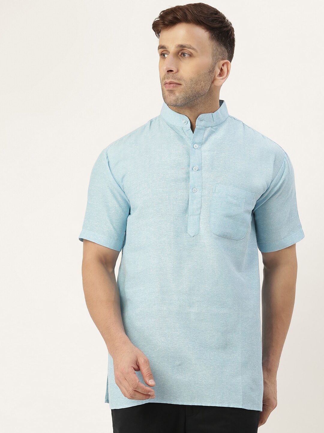 

RIAG Mandarin Collar Opaque Cotton Casual Shirt, Blue
