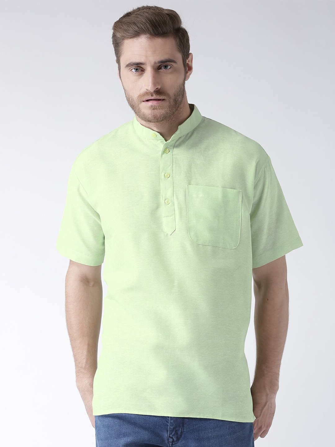 

RIAG Mandarin Collar Opaque Cotton Casual Shirt, Green