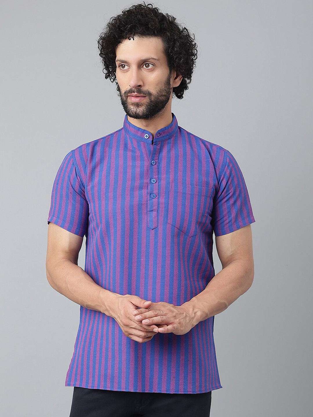 

RIAG Striped Mandarin Collar Cotton Straight Kurta, Navy blue