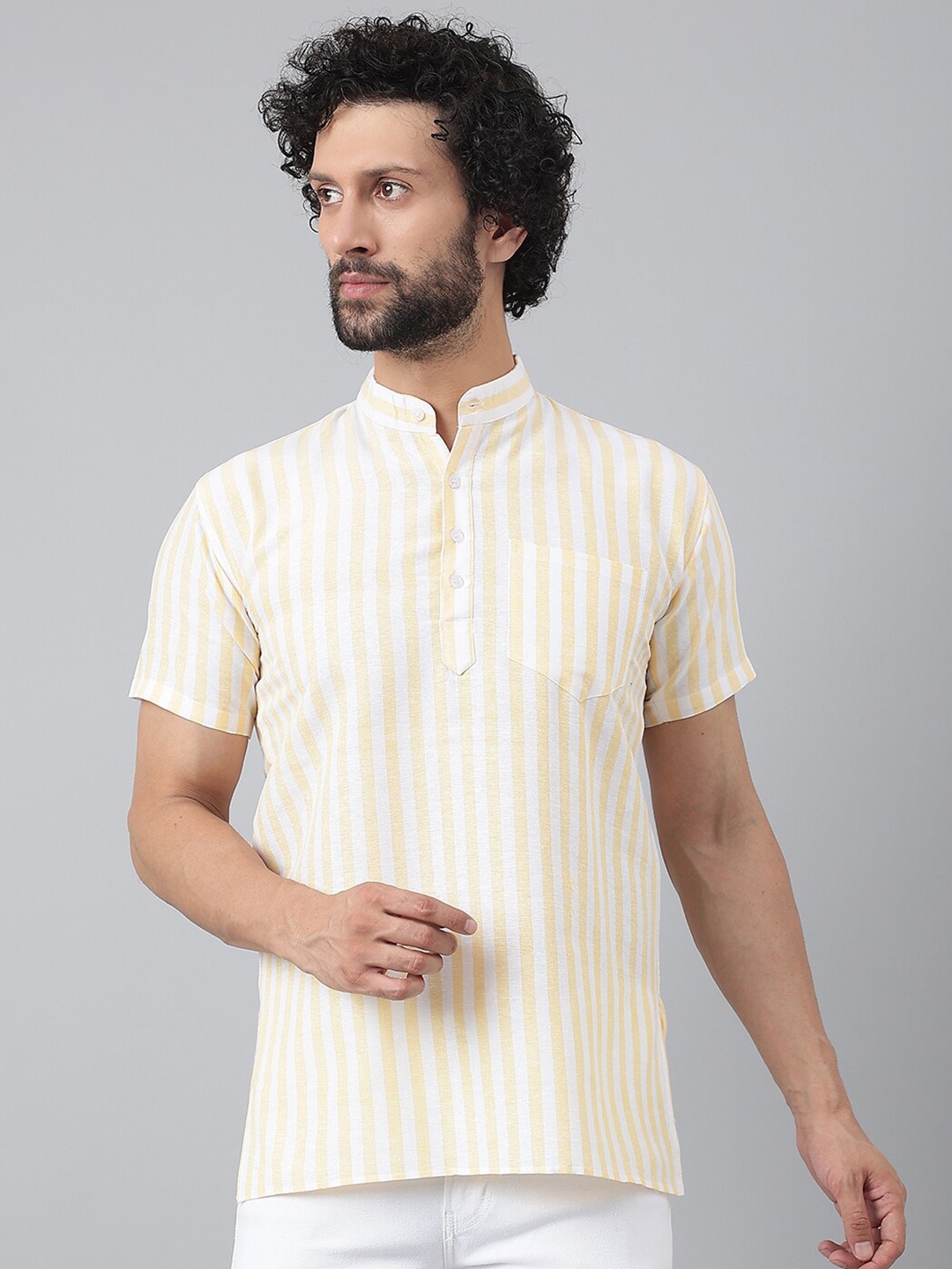 

RIAG Striped Mandarin Collar Opaque Cotton Casual Shirt, Beige