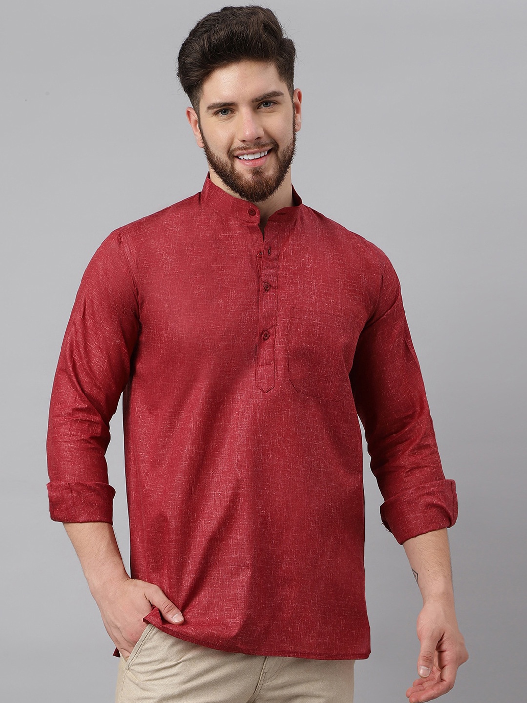 

RIAG Cotton Mandarin Collar Opaque Casual Shirt, Red