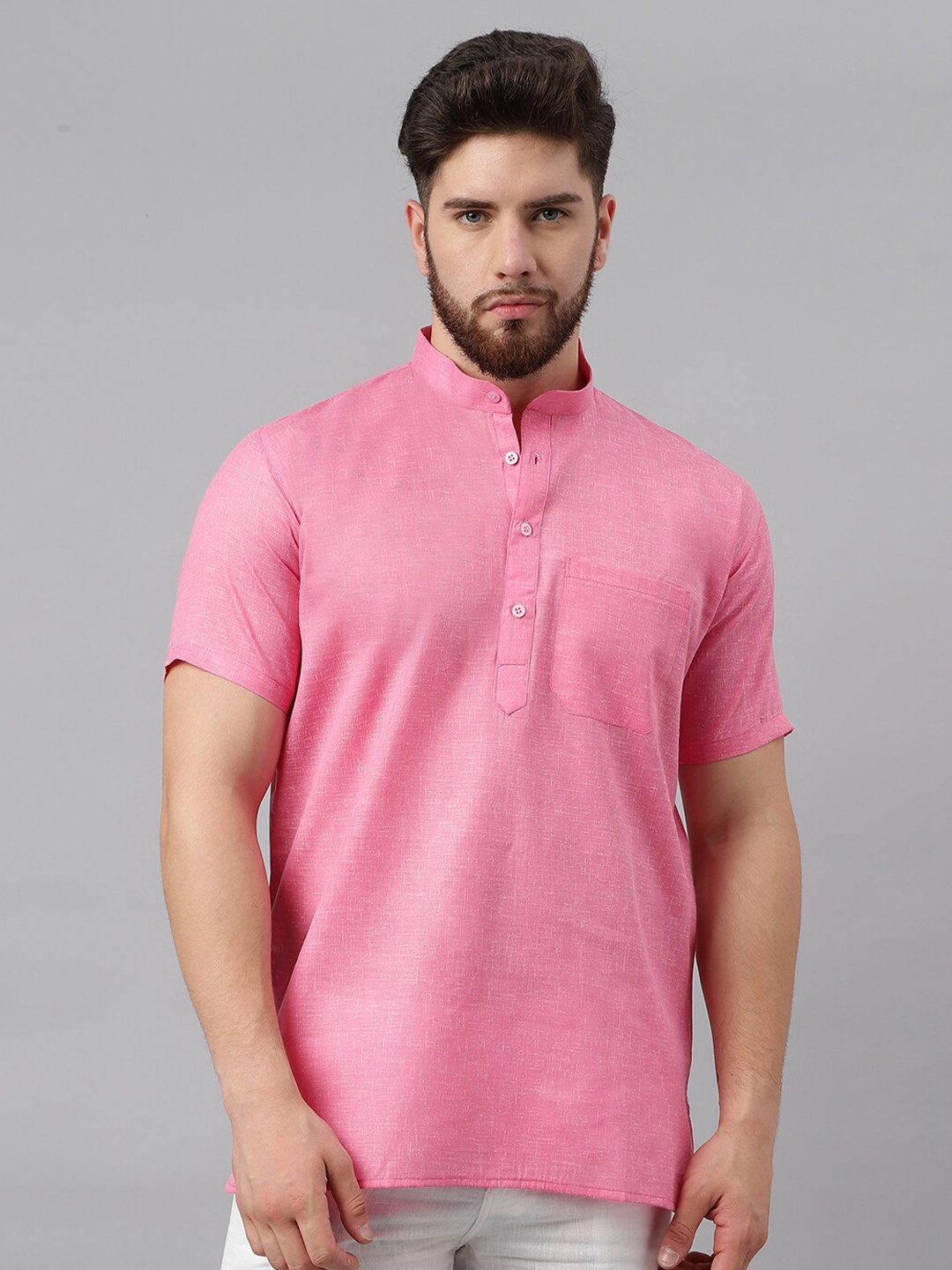 

RIAG Mandarin Collar Opaque Cotton Casual Shirt, Pink