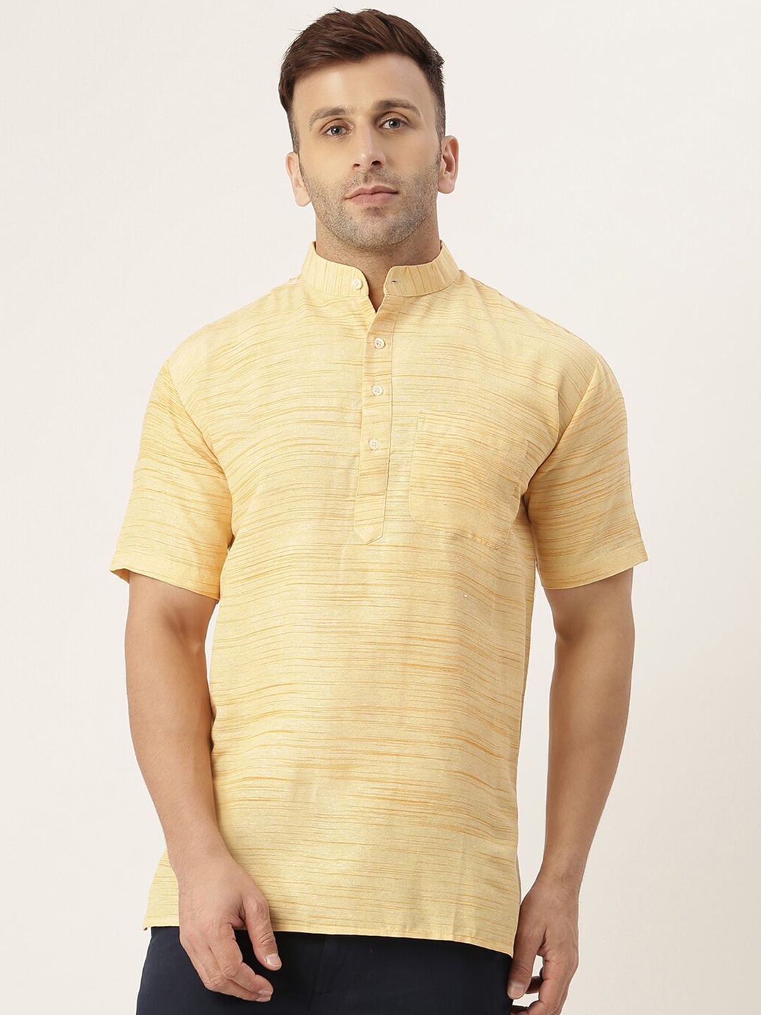 

RIAG Striped Mandarin Collar Cotton Straight Kurta, Beige