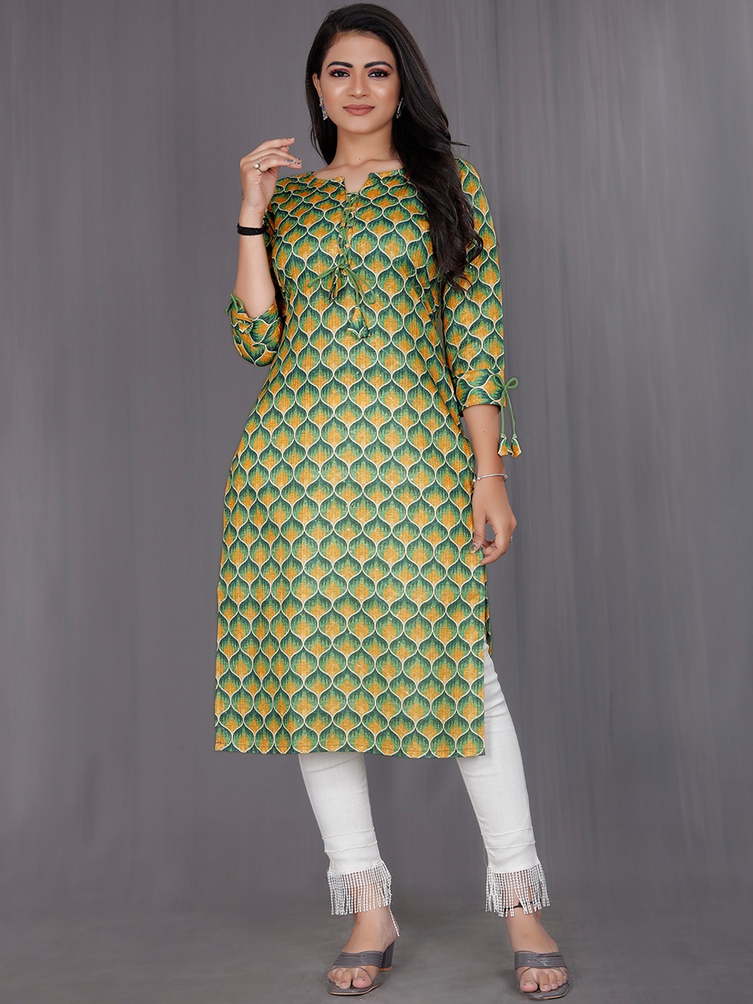 

Indian Fashionista Ethnic Motifs Printed Cotton Linen Kurta, Lime green