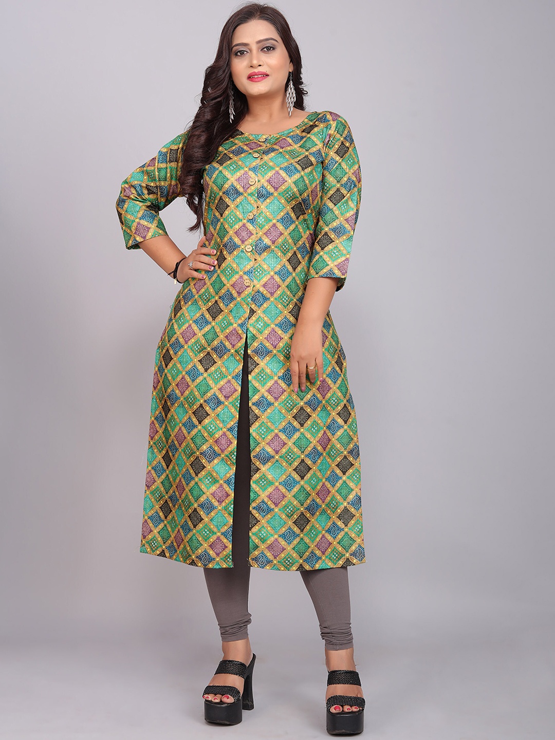 

Indian Fashionista Geometric Printed Straight Pure Linen Kurta, Green